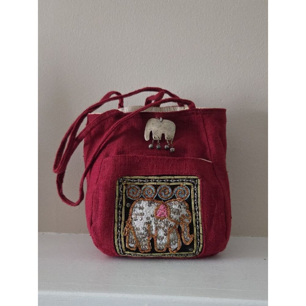 Vintage Embroidered Elephant Red Cotton Shoulder Bag
